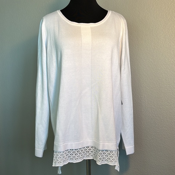 Cyrus Sweaters - White Sweater with Sweater Lace Hemline Plus Size 2X